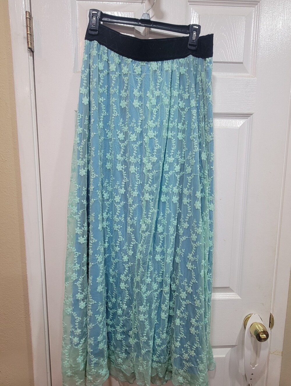 LuLaRoe Mint Green Lace Maxi Skirt with Black Waistband, Size L